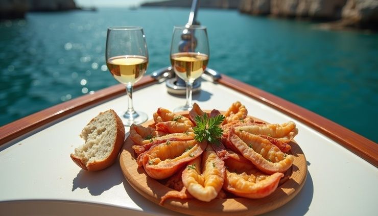 Weißwein und Garnelen auf einem Boot vor türkisfarbenem Wasser